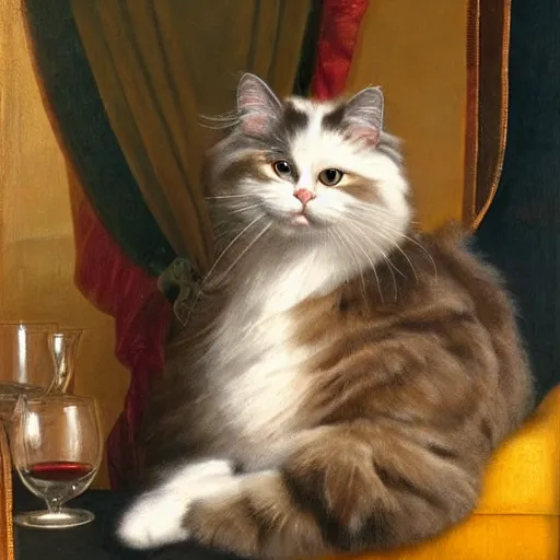 Image similar to a royal portrait of a ragdoll cat drinking a bottle of wine, oil on canvas