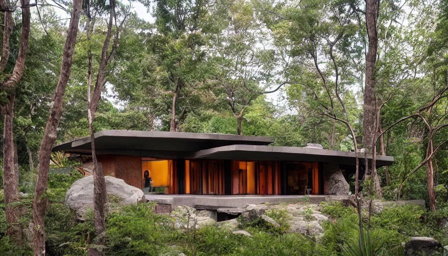 Image similar to small modern house, tibetan inspired architecture, on a green hill between trees and big boulders, frank lloyd wright, photorealistic, cyberpunk