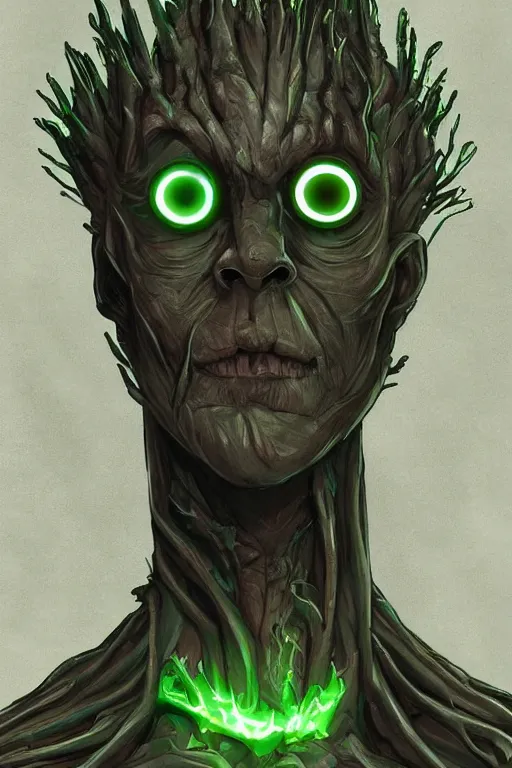 Prompt: human goth groot ; adult male 3 0 years ; glowing green eyes ; scientist ; friendly ; sharp facial features ; slender ; vampire ; wearing high tech armour ; robot ; trending on artstation ; high detail ; digital art