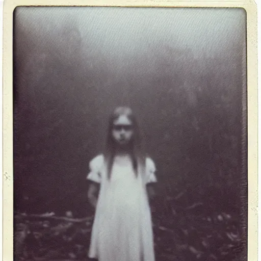 Prompt: an ancient evil-girl on a mysterious abandoned School devouring the human souls, mist, 1910 polaroid photography, grainy film, Black and white