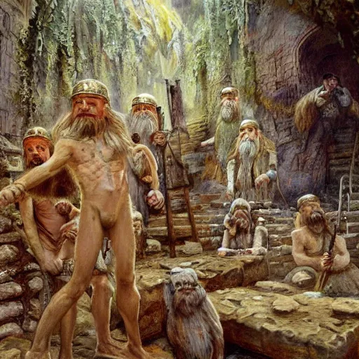 Prompt: sumerian underground city ancient dwarves, drawn by viktor vasnetsov, oil painting, harsh fairy tale, soft style, hyperrealism, beautiful, high resolution, trending on artstation,