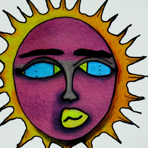 Image similar to collage, sun face from craigslist ads, color pen and pencil painting