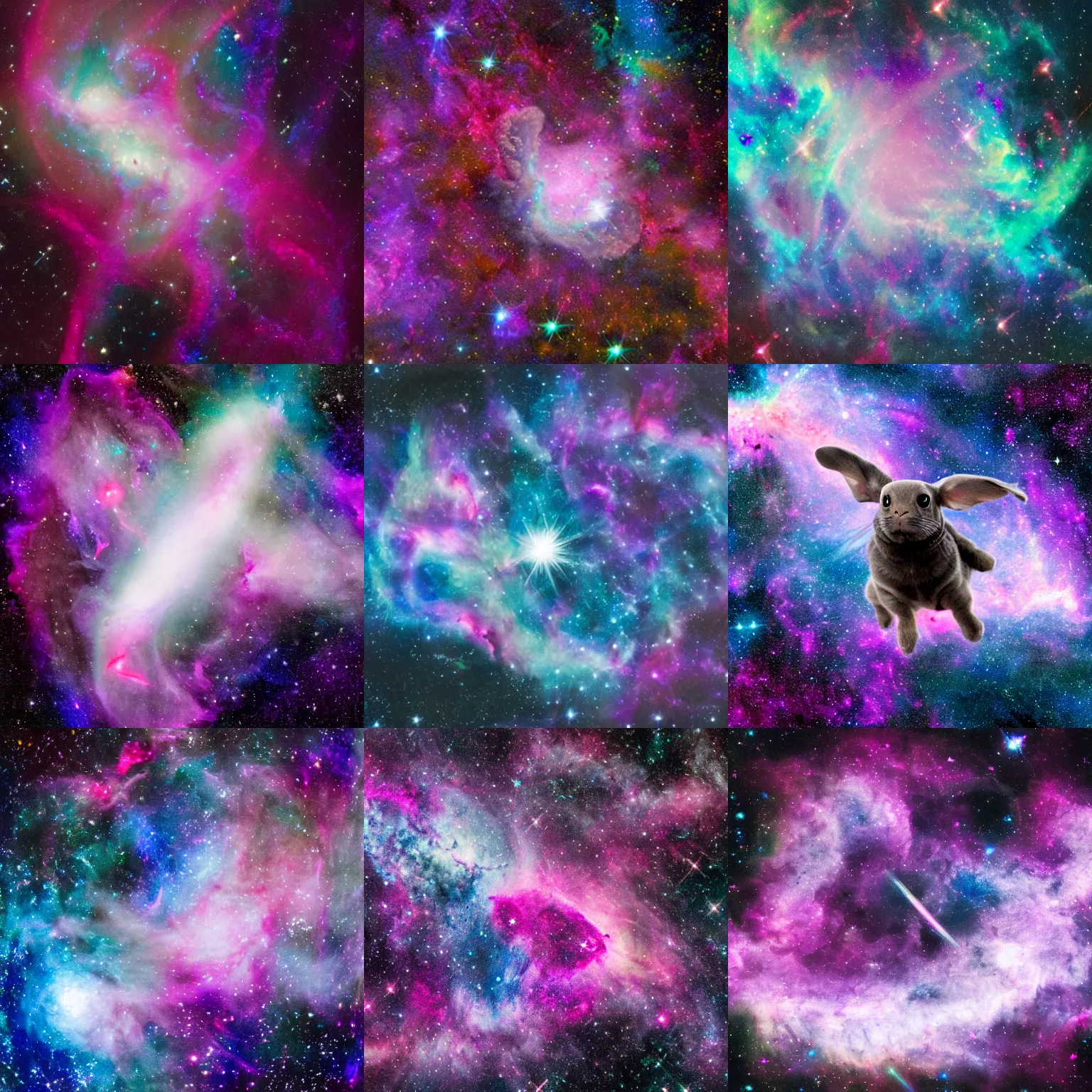 Prompt: Dark grey holland lop flying in front of iridescent nebulas and galaxies, false-color astrophotography, luminous