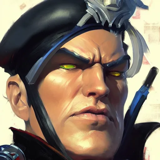 Image similar to Greg Manchess portrait painting o Vincent Valentine from FFVII as Overwatch character, medium shot, asymmetrical, profile picture, Organic Painting, sunny day, Matte Painting, bold shapes, hard edges, street art, trending on artstation, by Huang Guangjian and Gil Elvgren and Sachin Teng