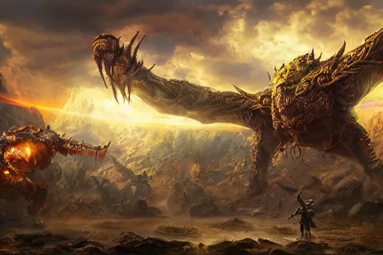 Image similar to ultra realist soft painting of an epicarmy facing an innomable gigantic creature, very intricate details, golden ratio, volumetric rainbow lighting, reflections, refractions, symmetry accurate anatomy features, fantasy war scene background, unreal render