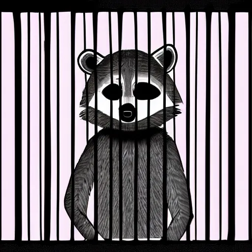 Image similar to A humanoid raccoon in jail behind bars, digital art