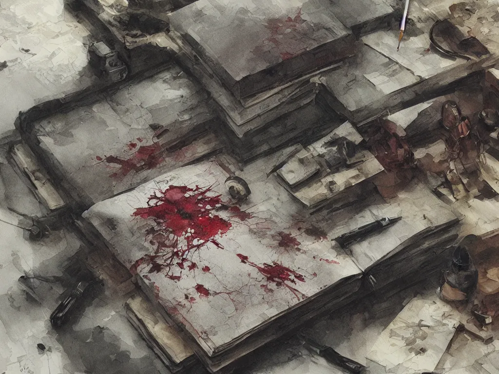 Image similar to detailed painting of a book bleeding ink onto a desk, by John Howe and Krenz Cushart