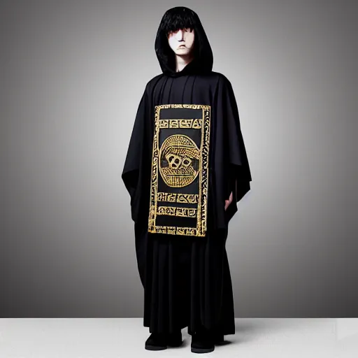 Image similar to ancient greek philosphers wearing gucci versace intricate textile chiton himation cloak tunic detailed design japanese kanji streetwear cyberpunk modern fashion black asian afro