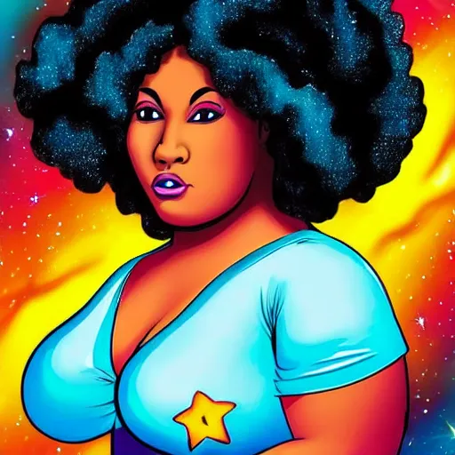 Prompt: mixed curvy woman with an afro in space