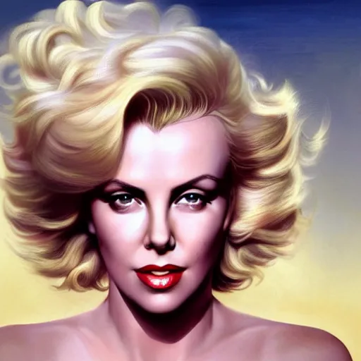 Prompt: portrait charlize theron, marilyn monroe, white cloth in wind shining, 8 k highly detailed, sharp focus, illustration, art by artgerm, mucha, bouguereau