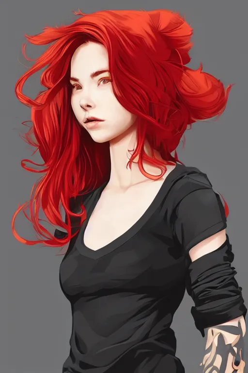 Image similar to girl with red hair. black shirt. looking away! centered median photoshop filter cutout vector behance hd artgerm jesper ejsing!