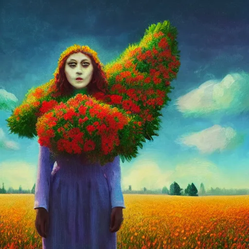 Image similar to girl with a huge flower as a face, surreal photography, dream, standing in flower field, hills, big trees, sunrise dramatic light, impressionist painting, colorful clouds, digital painting, pointillism, artstation, simon stalenhag, flower face