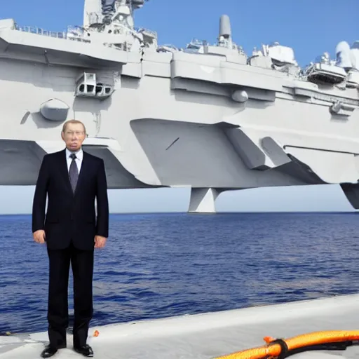 Prompt: Vladimir Putin standing under a Mission Accomplished banner on the dack of Admiral Kuznetsov aircraft carrier, high quality photo, 4k