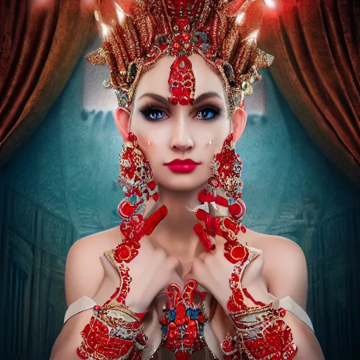 Image similar to wonderful princess with smooth fair skin, alluring eyes, red jewelry, breathtaking, elegant, intricate, ornate backdrop, hyper detailed, accent lighting, 4 k glamour photography, octane render