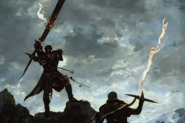 Image similar to landscape, realistic painting image about a templar knight with one mechanical hand carrying a fire sword, wielding it at the berserk ice dragon. dramatic scene, realism, created by gustave courbet and michaelangelo, trending in artstation, fine art, smooth draw with oil painting.