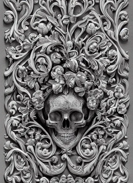 Image similar to hyper realistic photography of intricate renaissance skull ornament relief leaves, cinematic, symmetric detailed, artstation, cgsociety