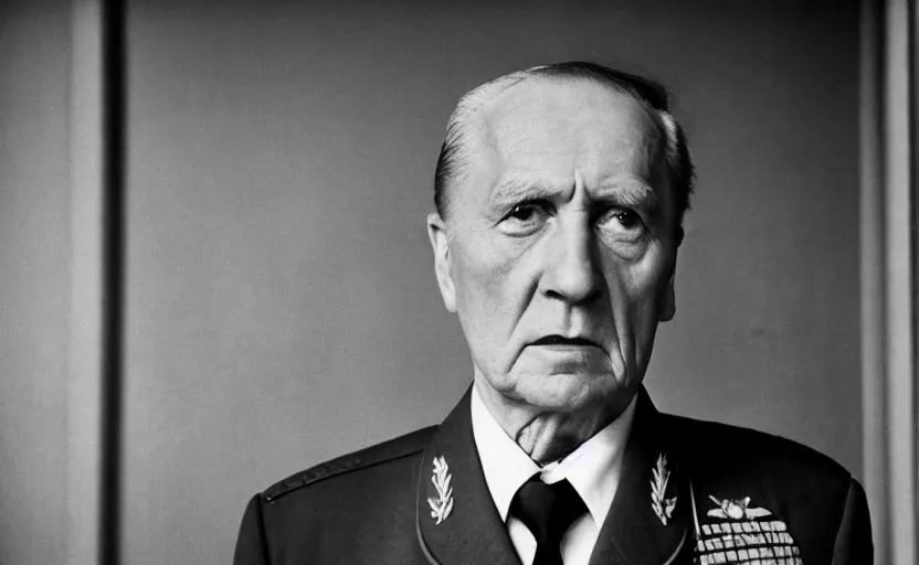 Image similar to 50s movie still close-up portrait of an elder soviet general in a empty stalinist hall, by David Bailey, Cinestill 800t 50mm chrome b&w, heavy grainy picture, very detailed, high quality, 4k, HD criterion, precise texture and facial expression