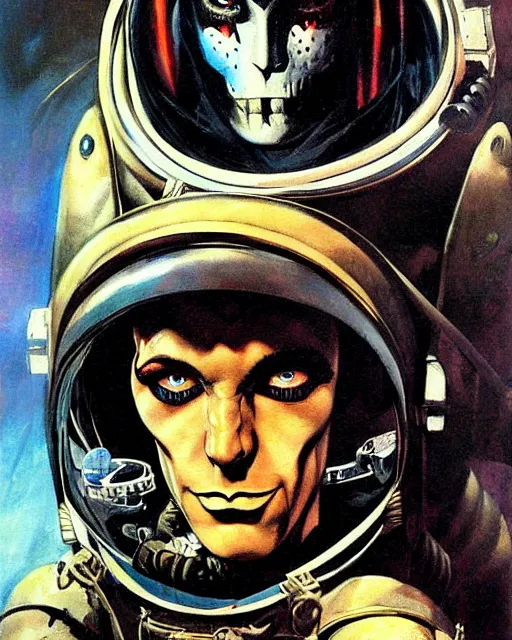 Prompt: portrait of a goth astronaut wearing armor by simon bisley, john blance, frank frazetta, fantasy, barbarian