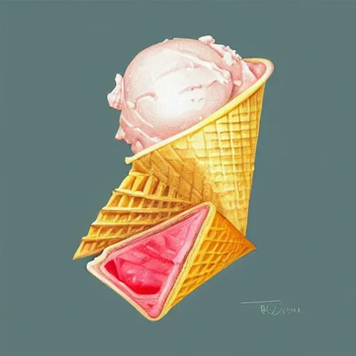 Prompt: Stylised and coloured Lineart of an icecream cone with three scoops of icecream placed on top stacked in a triangle shape, highly detailed, digital pencil painting, artstation, concept art, crisp, sharp focus, illustration, art by artgerm and greg rutkowski and alphonse mucha