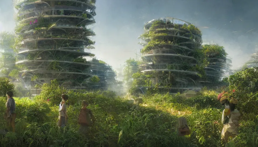 Image similar to craig mullins and ghibli digital illustration of solarpunk vertical farms, fields of crops and hydroponics under a force field, colorful, unreal engine, hyper realism, realistic shading, cinematic composition, realistic render, octane render, detailed textures, photorealistic, wide shot