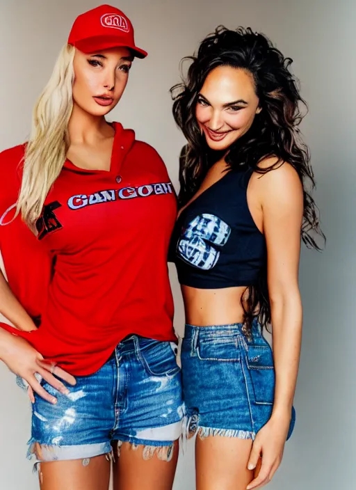 Image similar to portrait of lindsey pelas and gal gadot wearing red shirt and jean shorts, by charlotte grimm, natural light, detailed face, beautiful features, symmetrical, canon eos c 3 0 0, ƒ 1. 8, 3 5 mm, 8 k, medium - format print, half body shot