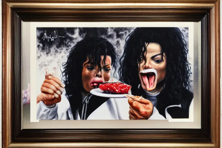 Image similar to michael jackson eating a funnel cake portrait in oil on black velvet, in frame, 4 k, hyper - realistic