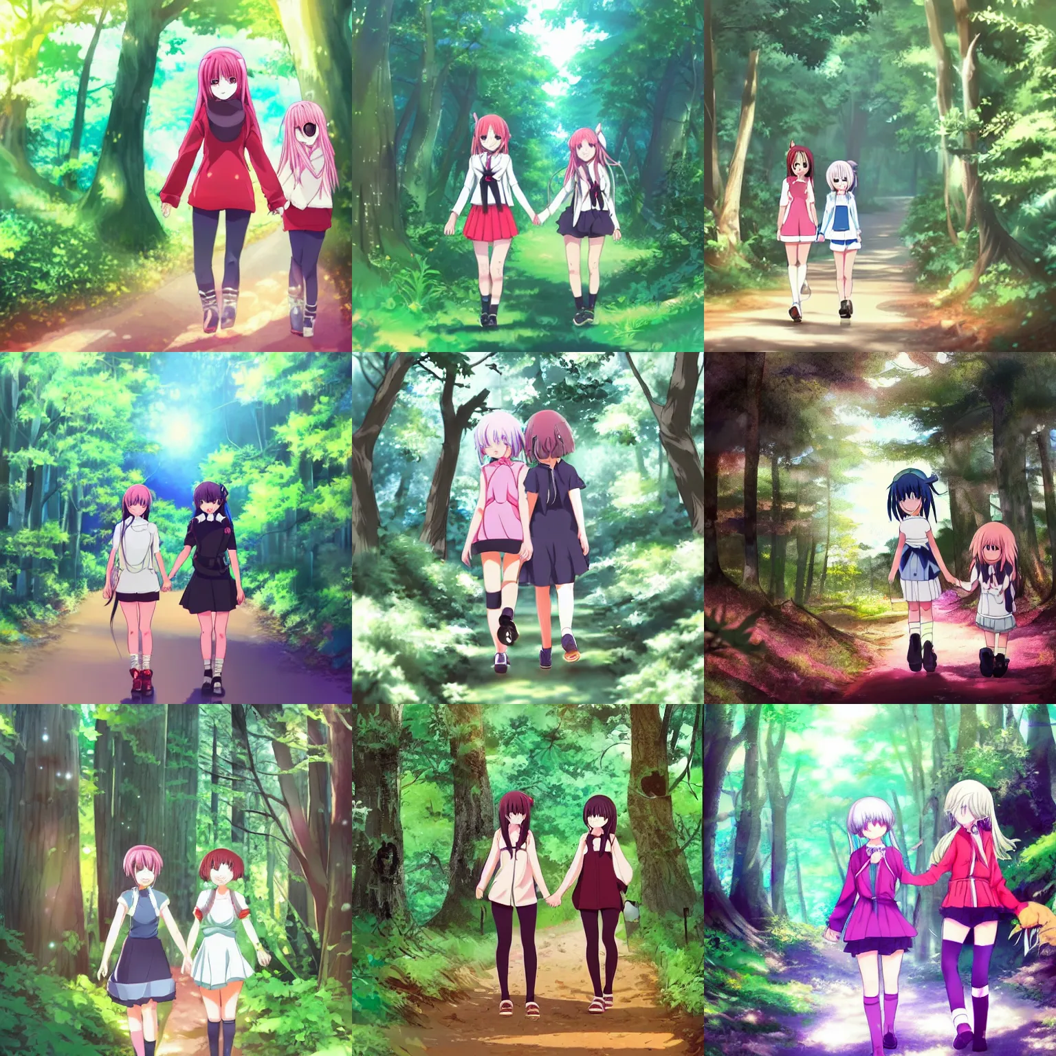 Prompt: two cute girls walking through the forest while holding hands, anime key visual, trending on pixiv