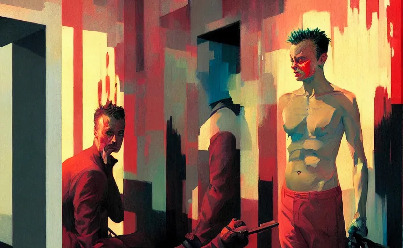 Image similar to Fight club, very coherent, painted by Edward Hopper, Wayne Barlowe, painted by James Gilleard, airbrush, art by JamesJean