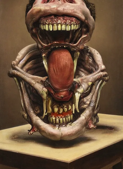 Prompt: a teratoma with crooked mouth and teeth on a plinth in the middle of a museum room realizing that he has consciousness painted by hopper and giger