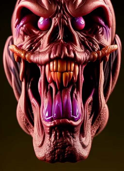 Image similar to hyperrealistic rendering, skeletor face by bernie wrightson and killian eng and joe fenton, product photography, action figure, sofubi, studio lighting, colored gels