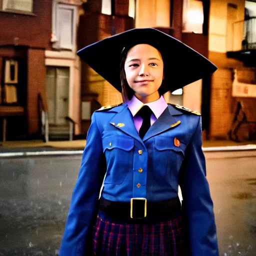 Image similar to night flash portrait photography of a catholic high school girl in uniform on the lower east side by annie leibovitz, colorful, nighttime!, raining!