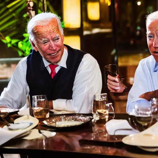 Image similar to Trump and Biden having dinner at a fancy Balinese restaurant, award winning photography, 85mm, perfect faces