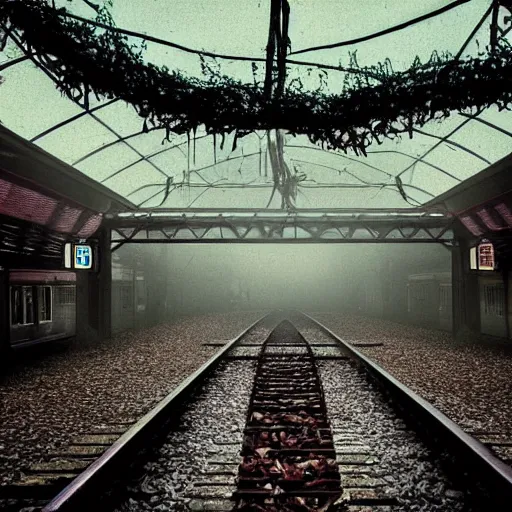 Image similar to A train station platform in the Upside Down from Stranger Things, spooky, vines everywhere, horror movie atmosphere, film still from Stranger Things