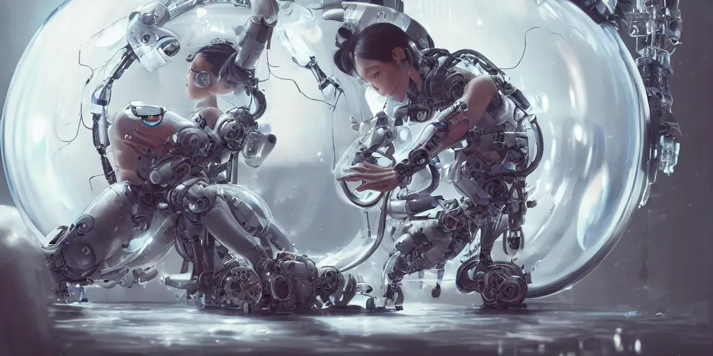 Prompt: hyperrealistic photography of a gorgeous big female cyborg constructing a bubble machine in the style of Jin Kagetsu, James Jean and wlop, highly detailed, masterpiece, award-winning, sharp focus, intricate concept art, ambient lighting, 8k, artstation