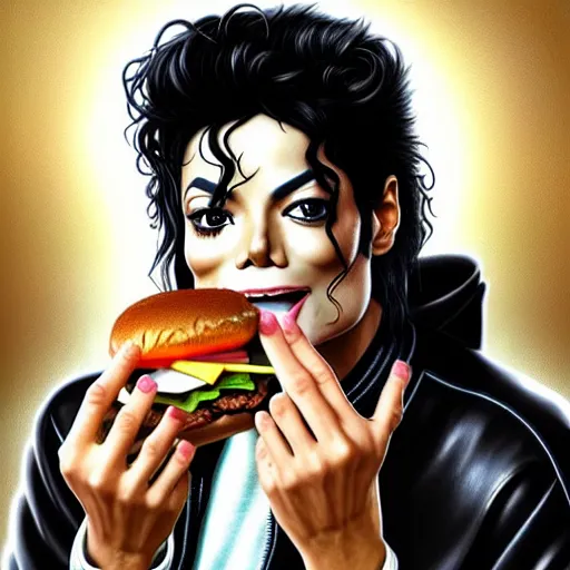 Prompt: portrait of a Michael Jackson eating a hamburger, extra onions and ketchup, luscious patty with sesame seeds, masculine, handsome, D&D, fantasy, intricate, elegant, highly detailed, digital painting, artstation, concept art, matte, sharp focus, illustration, art by Artgerm and Greg Rutkowski and Alphonse Mucha