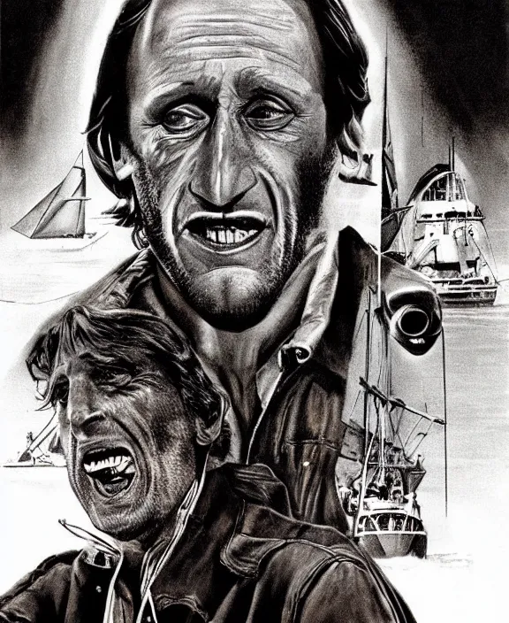 Image similar to Roy Scheider as Chief Brody in Jaws (1974), illustrated by Les Edwards, Mondo art print, poster, detailed, symmetrical