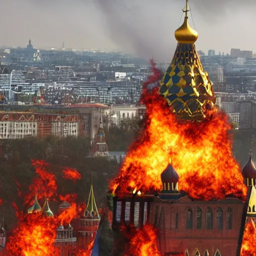 Image similar to high quality image of burning Kremlin, highly detailed