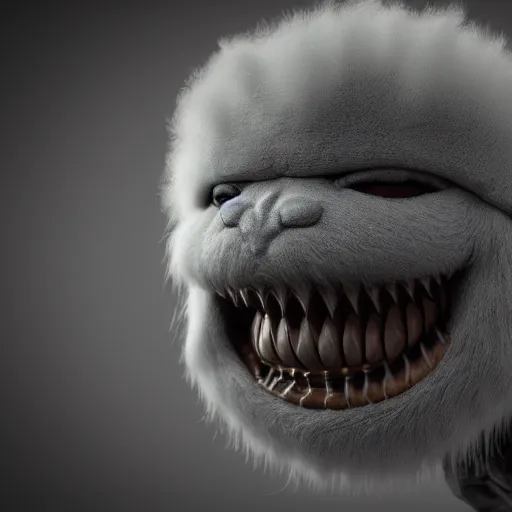 Image similar to cute chthonic fluffy monster by Giger, vray render, 50mm lens, bottom angle