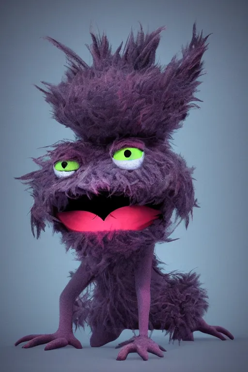 Prompt: 3 d model of a furry evil muppet monster with glowing eyes by jim henson and alexander jansson : 1 | centered, spectral color, electric color, rolling hills : 0. 9 | fantasy : 0. 9 | by dave melvin : 0. 4 | unreal engine, deviantart, artstation, octane, finalrender, concept art, hd, 8 k resolution : 0. 8