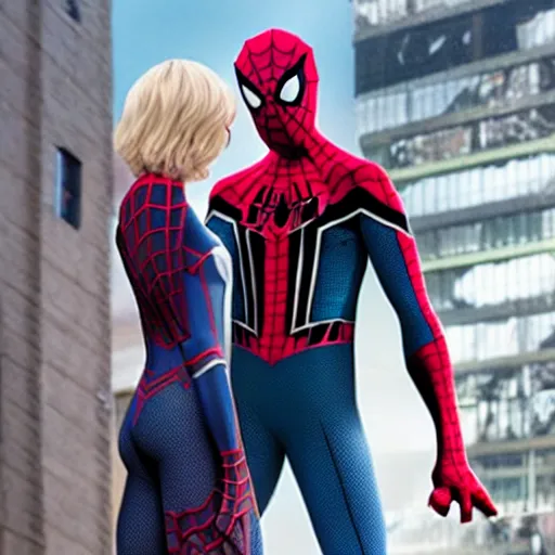Prompt: Spider-Man stands next to Spider-Gwen, Marvel Cinematic Universe