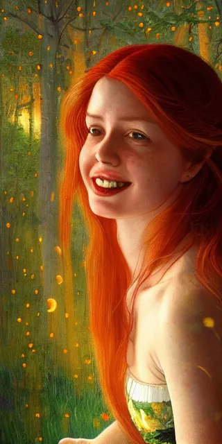 Prompt: infp woman, smiling, amazed by golden fireflies lights, sitting in the midst of nature fully covered, long loose red hair, intricate linework, green eyes, small nose with freckles, oval shape face, realistic, expressive emotions, dramatic lights, hyper realistic ultrafine art by artemisia gentileschi, albert bierstadt, artgerm