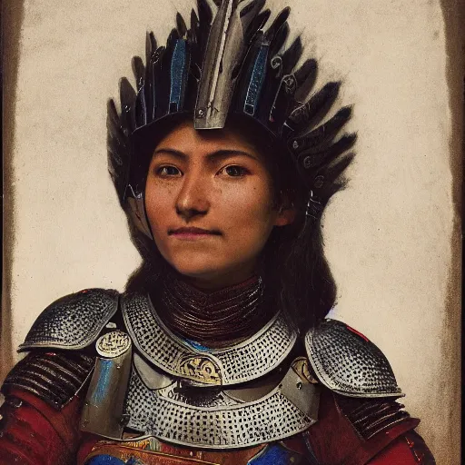 Prompt: head and shoulders portrait of a female knight, quechua!, lorica segmentata, cuirass, tonalist, symbolist, realistic, ambrotype, baroque, detailed, modeled lighting, vignetting, indigo and venetian red, angular, smiling, raven