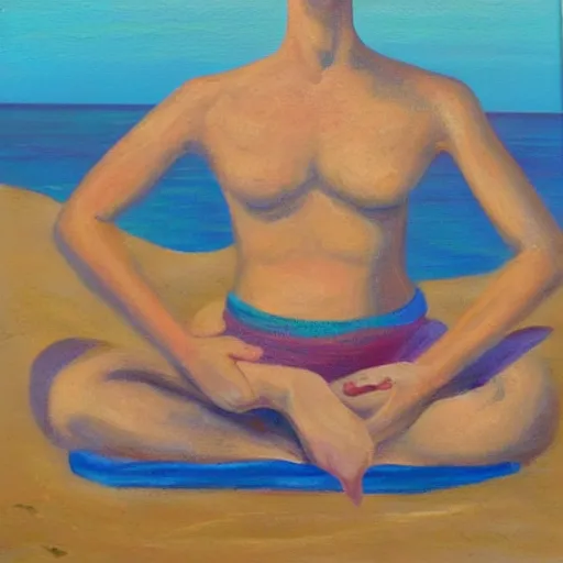 Image similar to freckled woman meditating on beach in caribbean, oil on canvas