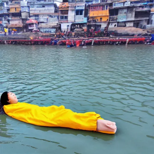 Image similar to an anime body pillow floating in the Ganges