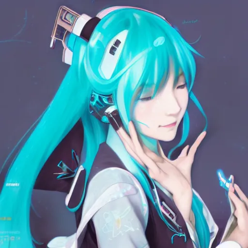 Prompt: hatsune miku using computer, illustration, art by artgerm and greg rutkowski and alphonse mucha