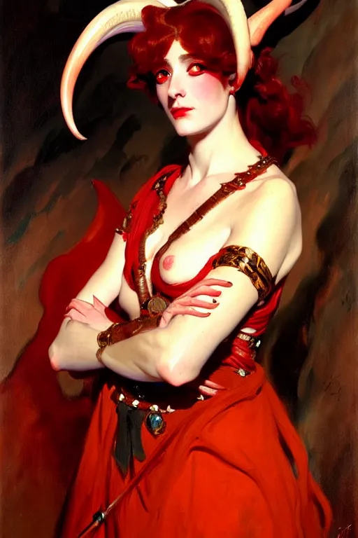 Image similar to painted close - up portrait of a attractive red - skinned intimidating demon girl with ram horns! oil painting, wearing a noblewoman's outfit, fantasy art by john singer sargent and gaston bussiere and james jean, demon noble character design, hd