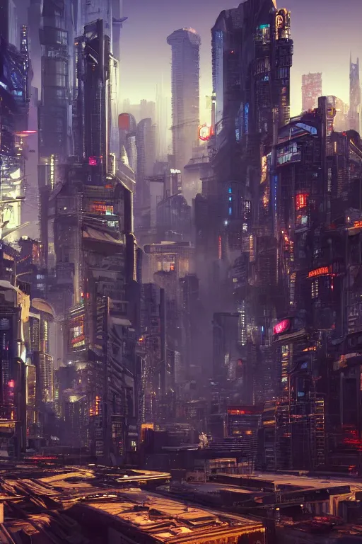 Image similar to cyberpunk cityscape like tokyo nework with tall buildings at dusk golden hour cinematic lighting, epic composition. A golden daylight, hyper-realistic environment. Hyper and intricate detail, photo-realistic. Cinematic and volumetric light. Epic concept art. Octane render and Unreal Engine, trending on artstation