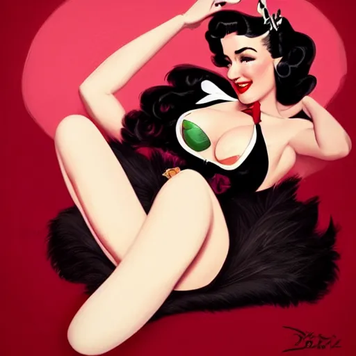 Prompt: a retro pinup illustration of dita von teese in the style of anna dittmann and in the style of charlie bowater and in the style of gil elvgren.