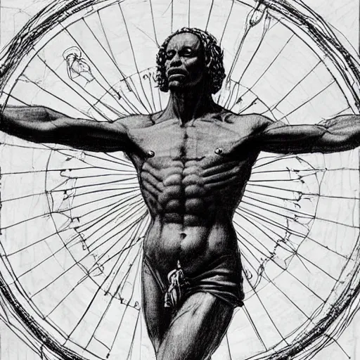 Image similar to Michael Jordan as the Vitruvian Man by leonardo da vinci, detailed, 8k, realistic, intricate blueprint in the style of Franz Xaver Winterhalter