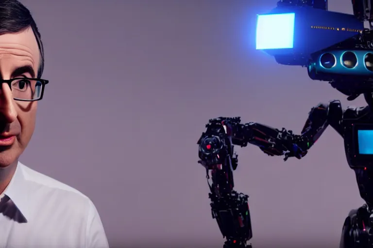 Image similar to vfx film closeup, john oliver interviewing a robot, flat color profile low - key lighting award winning photography arri alexa cinematography, hyper real photorealistic cinematic, atmospheric cool colorgrade